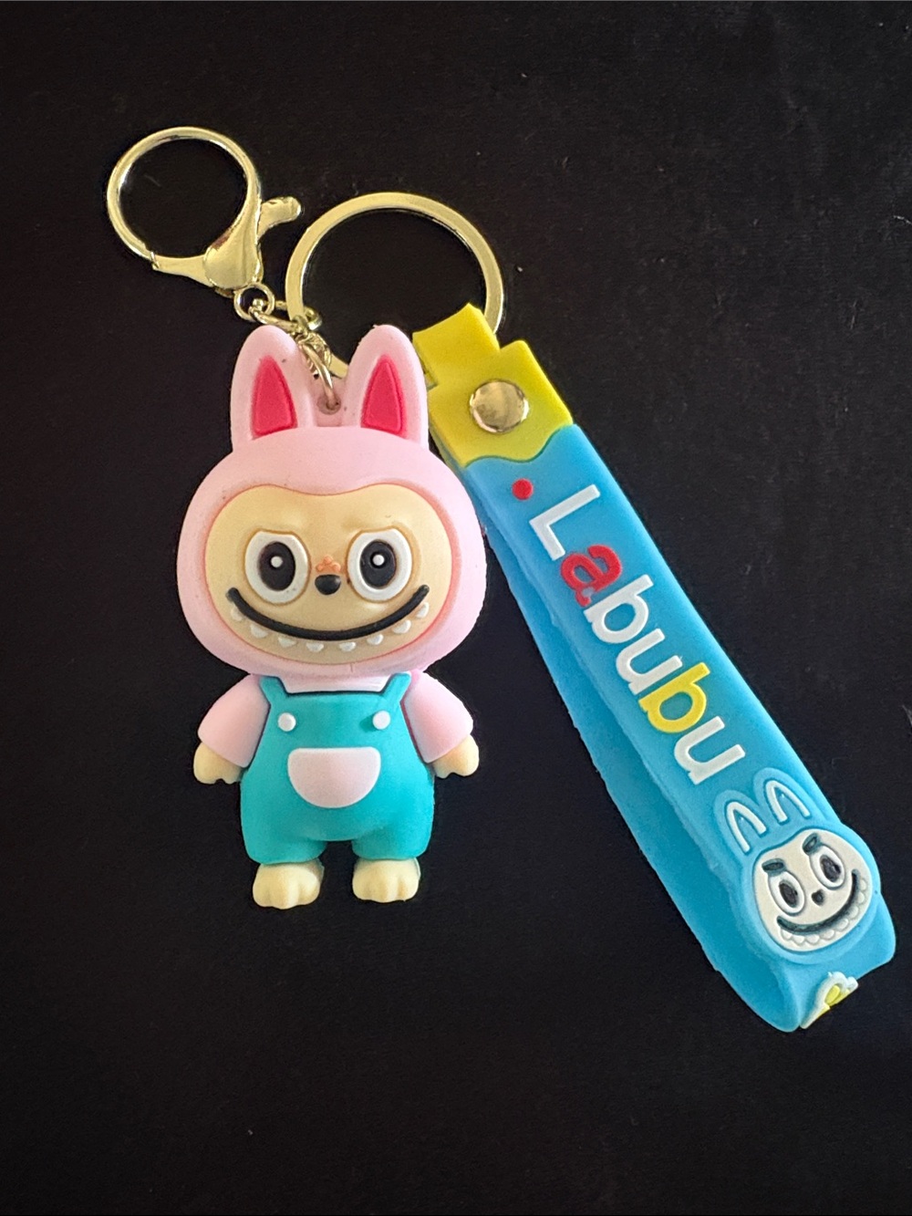 Cute Light Pink Labubu Character Keychain Bag Charm with Blue Strap